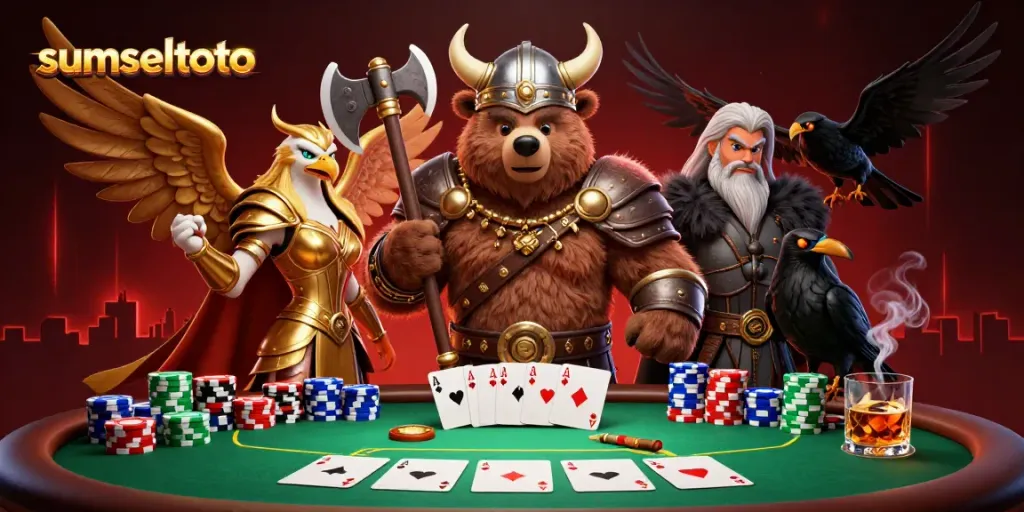 Experience the thrills of sumseltoto with a dynamic Viking bear, Valkyrie eagle, and poker elements.