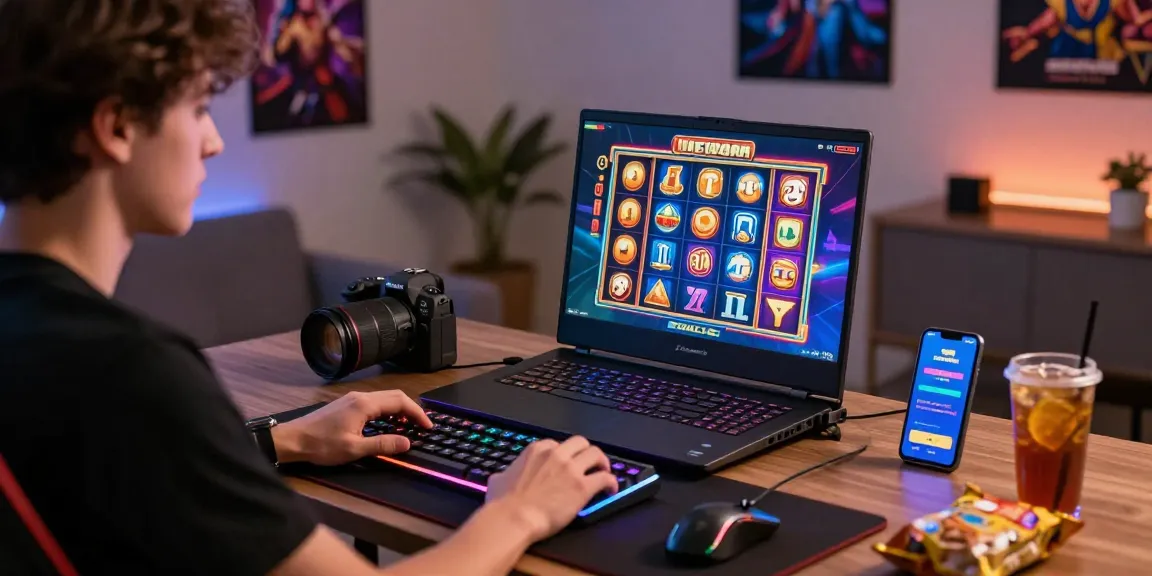 Engaged player enjoying rutanslot gaming on a vibrant laptop, surrounded by colorful gaming gear.