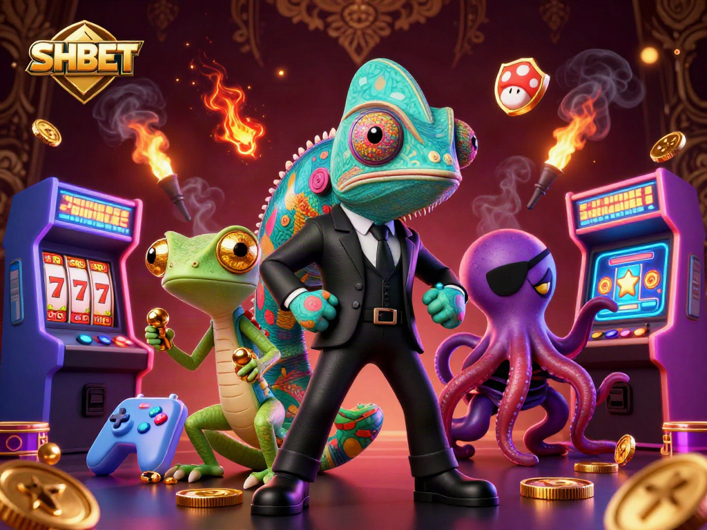 Experience the thrilling SHBET adventure with animated characters in a vibrant casino scene.
