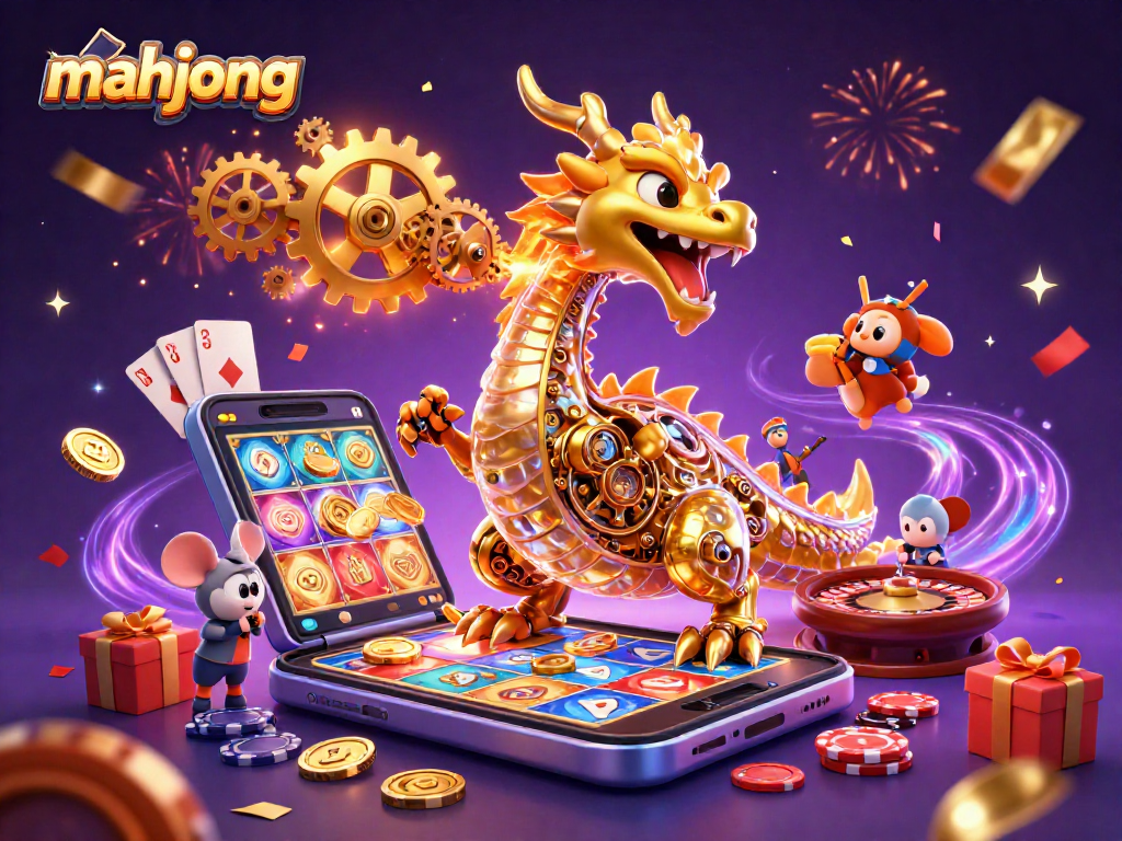Engage in mahjong fun with a vibrant 3D scene showcasing a golden dragon and casino elements.