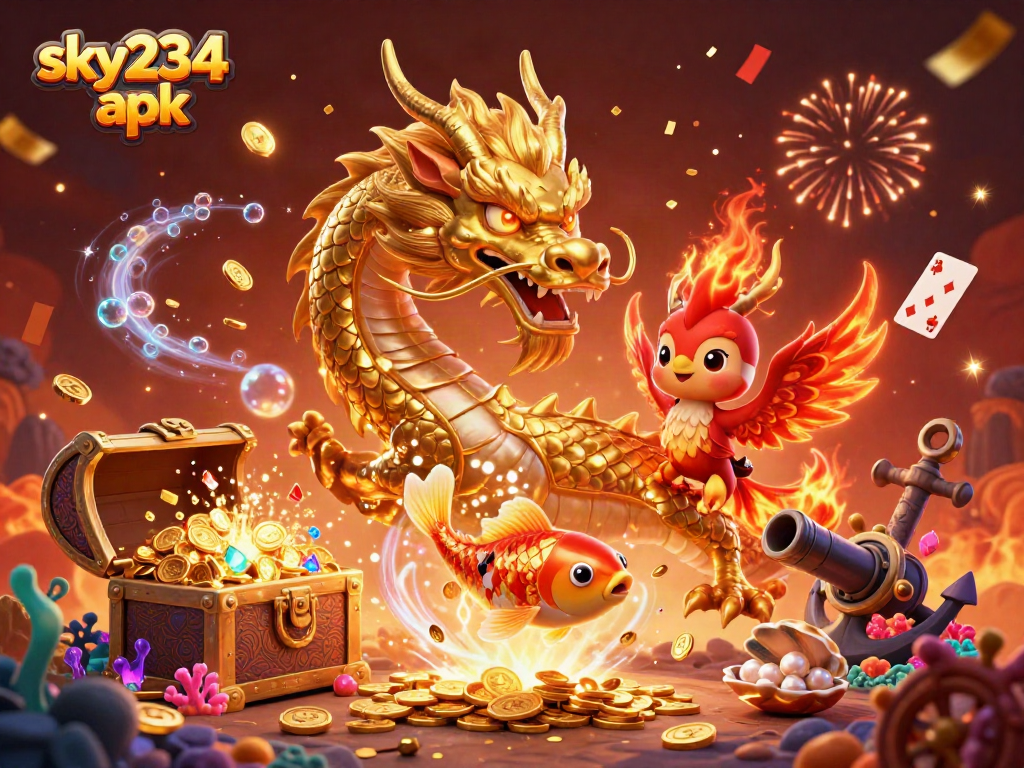 Engage with sky234 apk in this vibrant 3D illustration showcasing a fierce dragon and phoenix amidst casino treasures.
